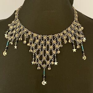 Vintage Boho Chandelier Necklace Crescent Moon Star Charms Silver Tone Dangles